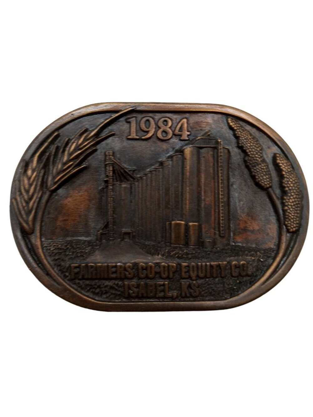 Isabel Kansas Belt Buckle 1984 Grain Elevator KS Farmers Farm Coop Agriculture